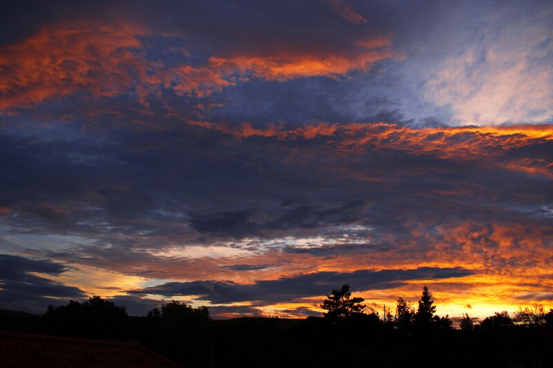 Sunset over Trees — Orange, Dramatic, Photograph, Clouds, Roof