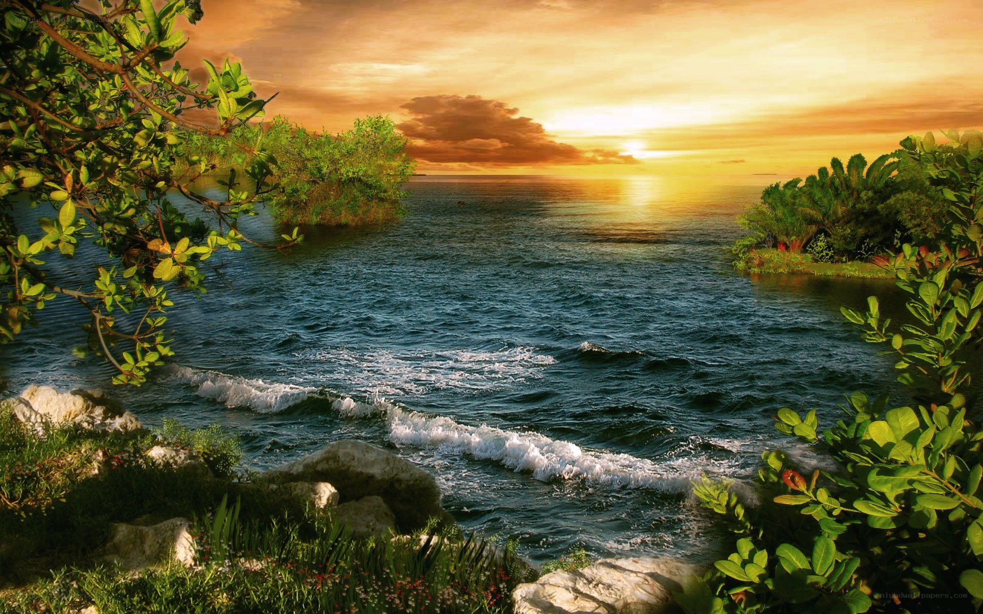 Sunset over tropical bay