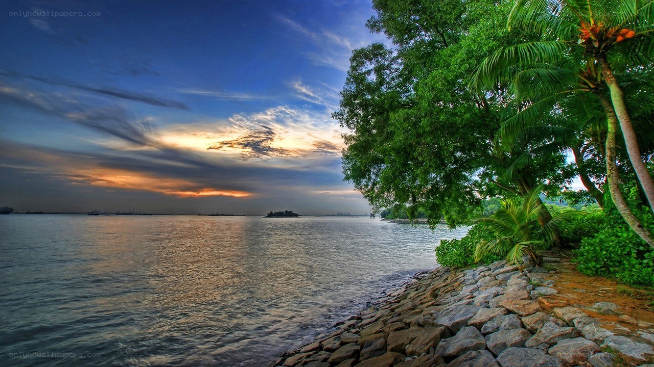sunset over tropical bay