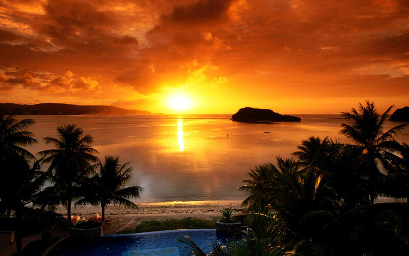 Sunset over Tropical Bay — Orange, Dramatic, Photograph, Palm Trees, Island