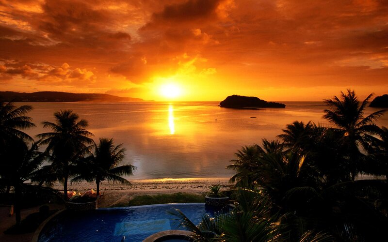 Sunset over Tropical Bay — Orange, Dramatic, Photograph, Palm Trees, Pool, Island