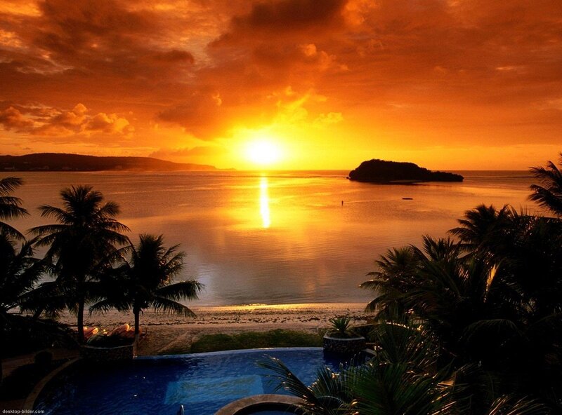 Sunset over Tropical Bay — Orange, Dramatic, Photograph, Palm Trees, Pool