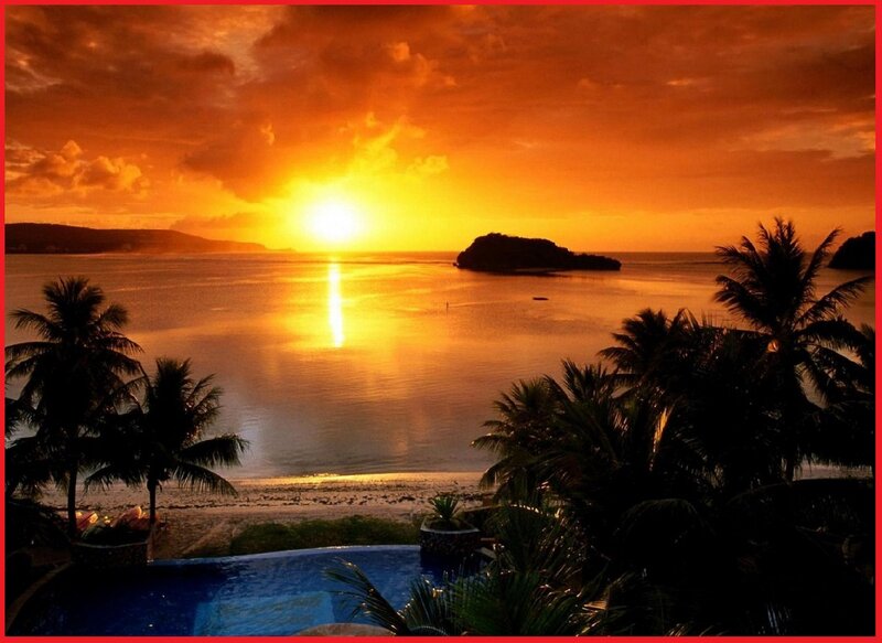 Sunset over Tropical Bay — Orange, Dramatic, Photograph, Palm Trees