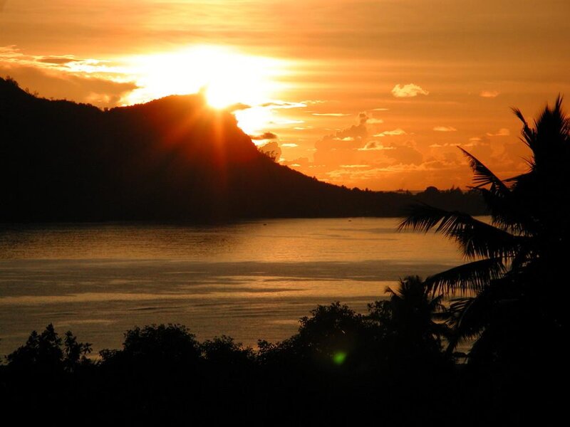 Sunset over Tropical Bay — Orange, Serene, Photograph, Mountain