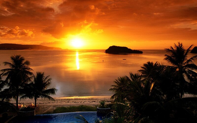 Sunset over Tropical Bay — Orange, Serene, Photograph, Palm Trees, Island
