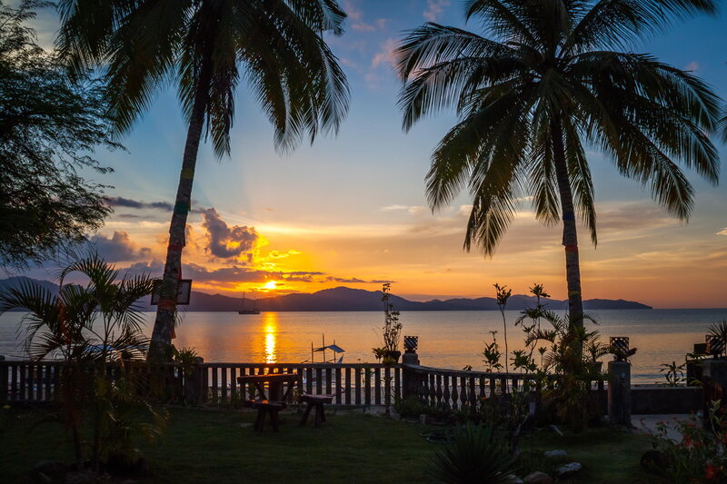 Sunset over Tropical Bay — Orange, Serene, Photograph, Palm Trees, Sea