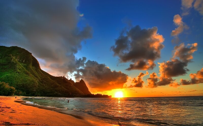 Sunset over Tropical Beach — Blue, Dramatic, Photograph, Mountain, Ocean, Clouds