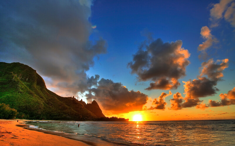 Sunset over Tropical Beach — Blue, Dramatic, Photograph, Mountain, Ocean, People, Clouds