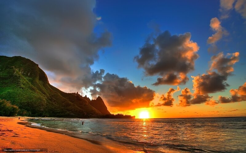 Sunset over Tropical Beach — Blue, Dramatic, Photograph, Mountain