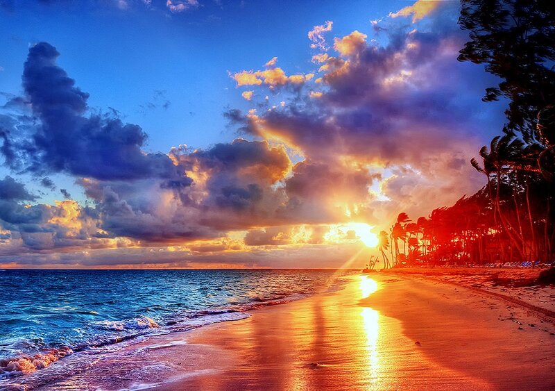 Sunset over Tropical Beach — Blue, Dramatic, Photograph, Ocean, Palm Trees, Clouds