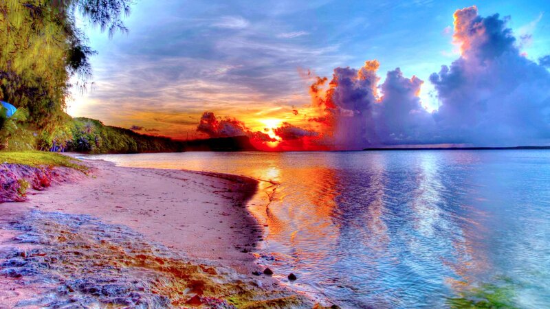 Sunset over Tropical Beach — Blue, Dramatic, Photograph, Ocean, Trees