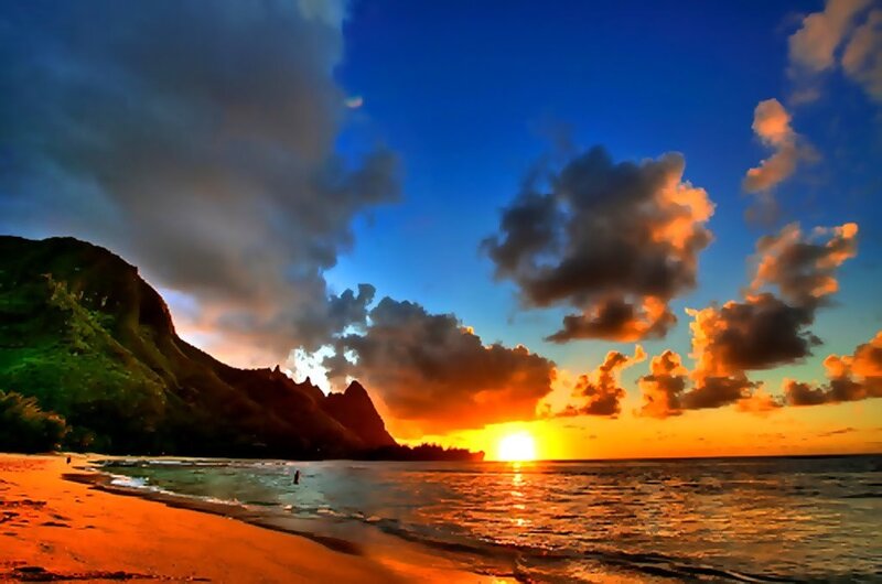 Sunset over Tropical Beach — Blue, Dramatic, Photograph