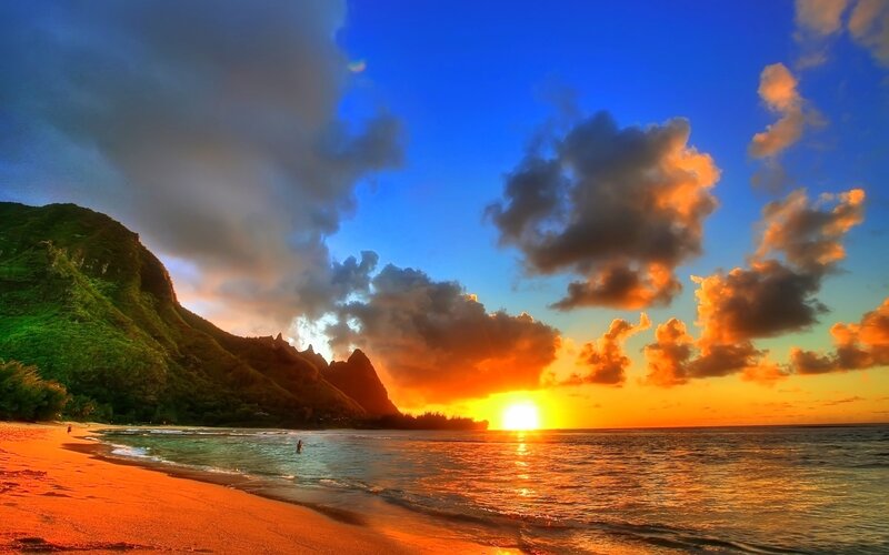 Sunset over Tropical Beach — Blue, Dramatic