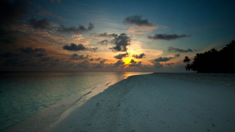 Sunset over Tropical Beach — Blue, Serene, Photograph, Ocean, Clouds