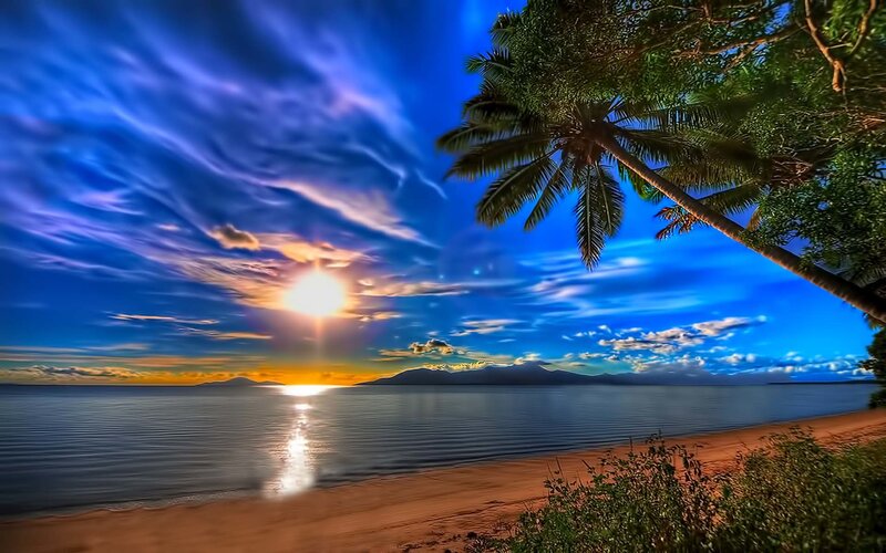 Sunset over Tropical Beach — Blue