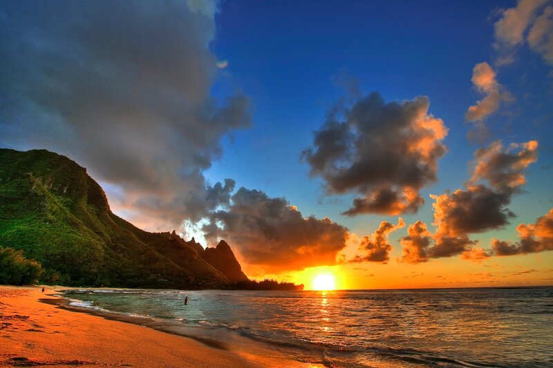 Sunset over Tropical Beach — Green