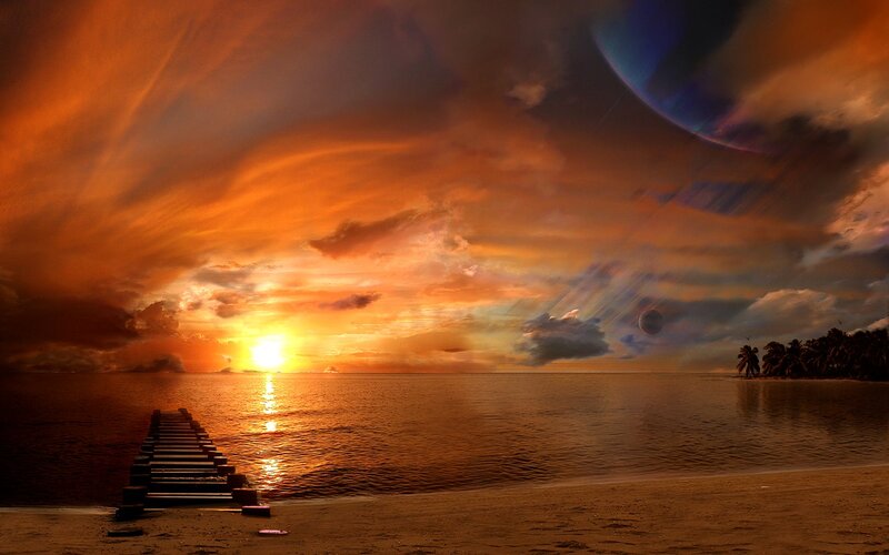 Sunset over Tropical Beach — Orange, Dramatic, Digital Art