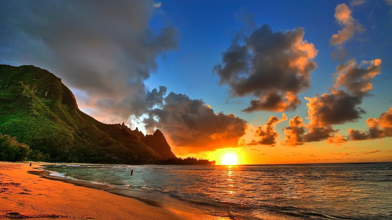 Sunset over Tropical Beach — Orange, Dramatic, Photograph, Mountain, Ocean, Clouds, Sand, Blue