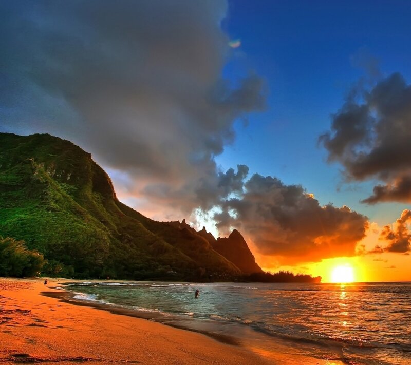 Sunset over Tropical Beach — Orange, Dramatic, Photograph, Mountain, Ocean