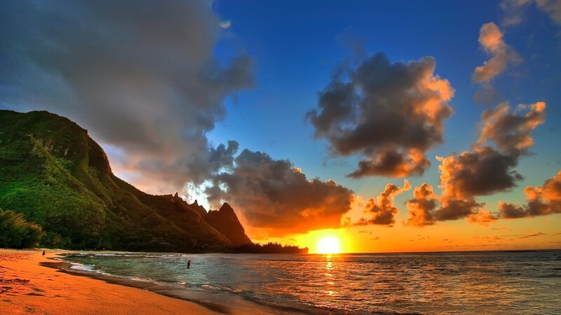 Sunset over Tropical Beach — Orange, Dramatic, Photograph, Mountain