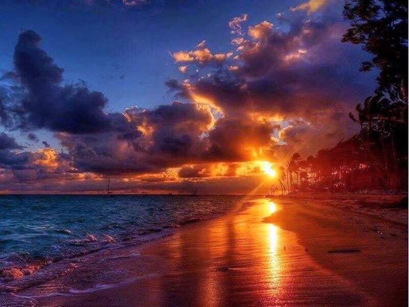 Sunset over Tropical Beach — Orange, Dramatic, Photograph, Ocean, Clouds