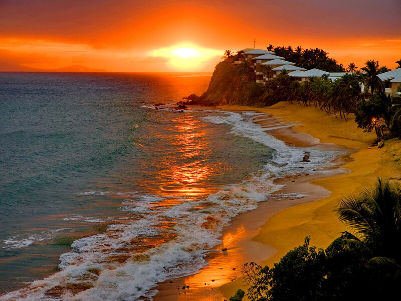 Sunset over Tropical Beach — Orange, Dramatic, Photograph