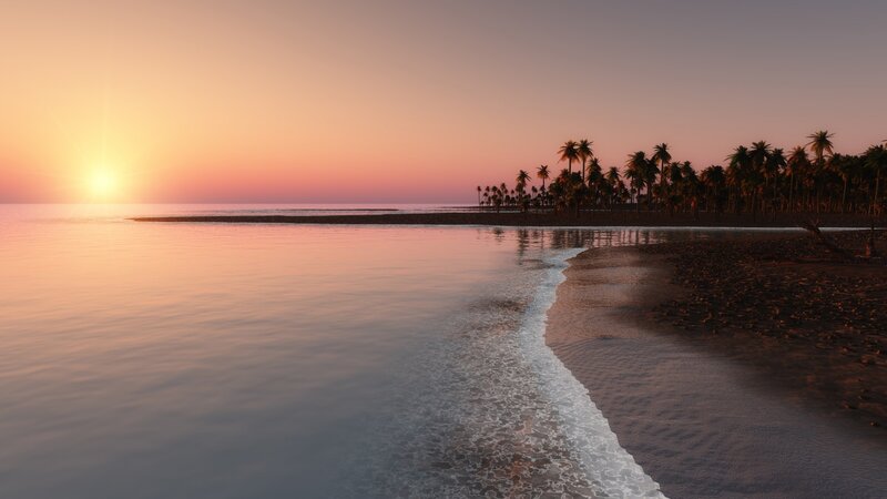 Sunset over Tropical Beach — Orange, Serene, 3d Render