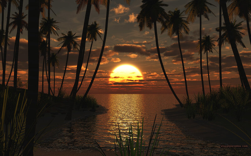 Sunset over Tropical Beach — Orange, Serene, Digital Art