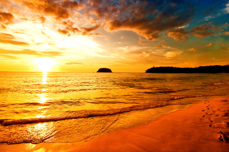 Sunset over Tropical Beach — Orange, Serene, Photograph, Ocean, Island