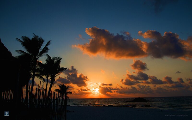 Sunset over Tropical Beach — Orange, Serene, Photograph, Palm Trees, Clouds