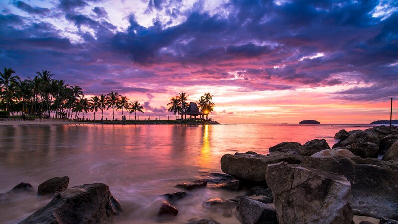Sunset over Tropical Beach — Purple, Dramatic, Photograph, Palm Trees