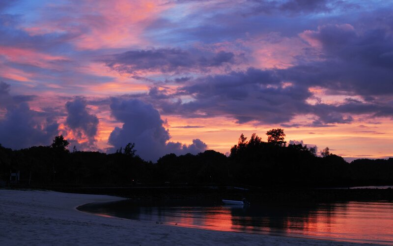 Sunset over Tropical Beach — Purple, Dramatic, Photograph, Sky