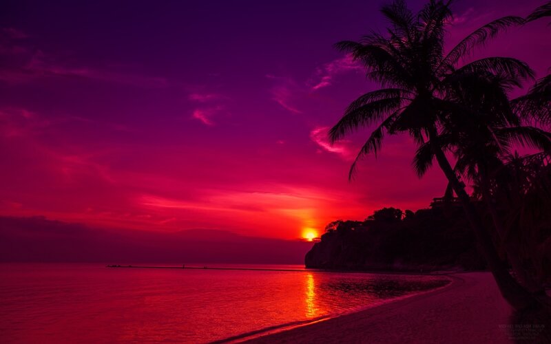 Sunset over Tropical Beach — Purple, Dramatic, Photograph