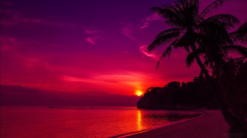 Sunset over Tropical Beach — Red, Dramatic, Photograph