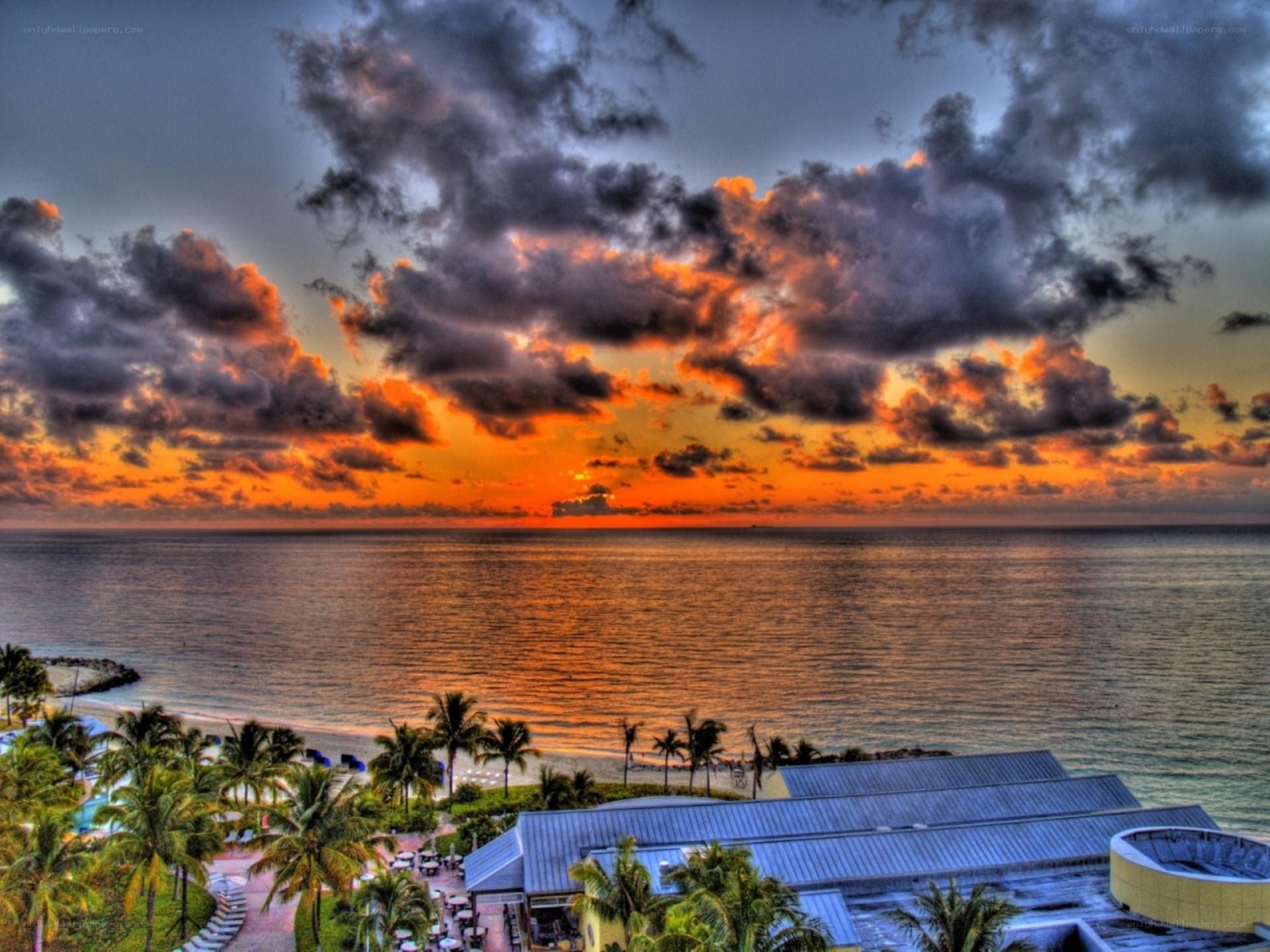 Sunset over tropical beach resort