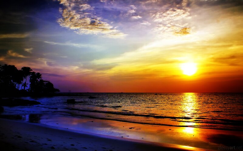 Sunset over Tropical Beach — Yellow, Dramatic, Photograph, Ocean