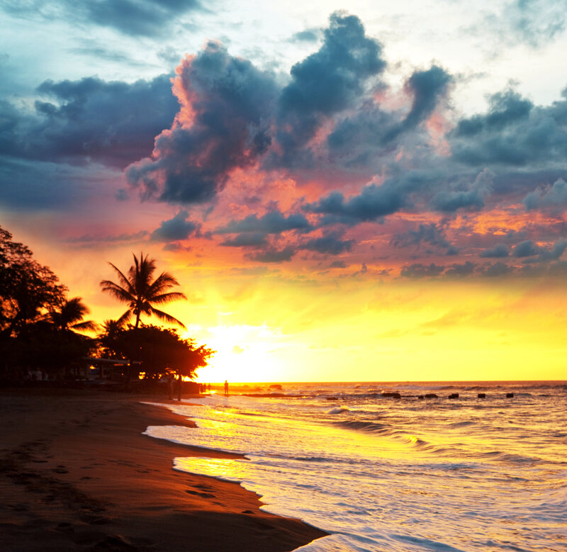 Sunset over Tropical Beach — Yellow, Dramatic, Photograph, Palm Trees