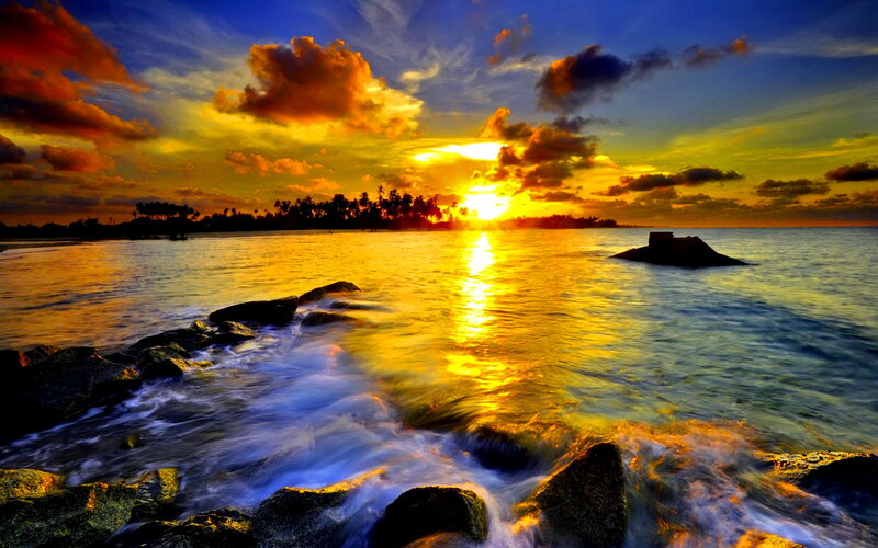 Sunset over Tropical Beach — Yellow, Dramatic, Photograph