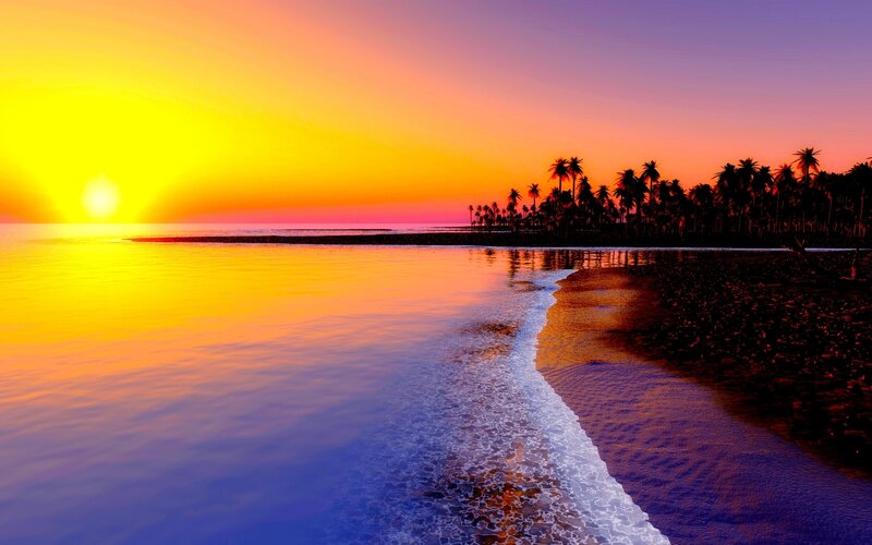 Sunset over Tropical Beach — Yellow, Serene, Digital Art