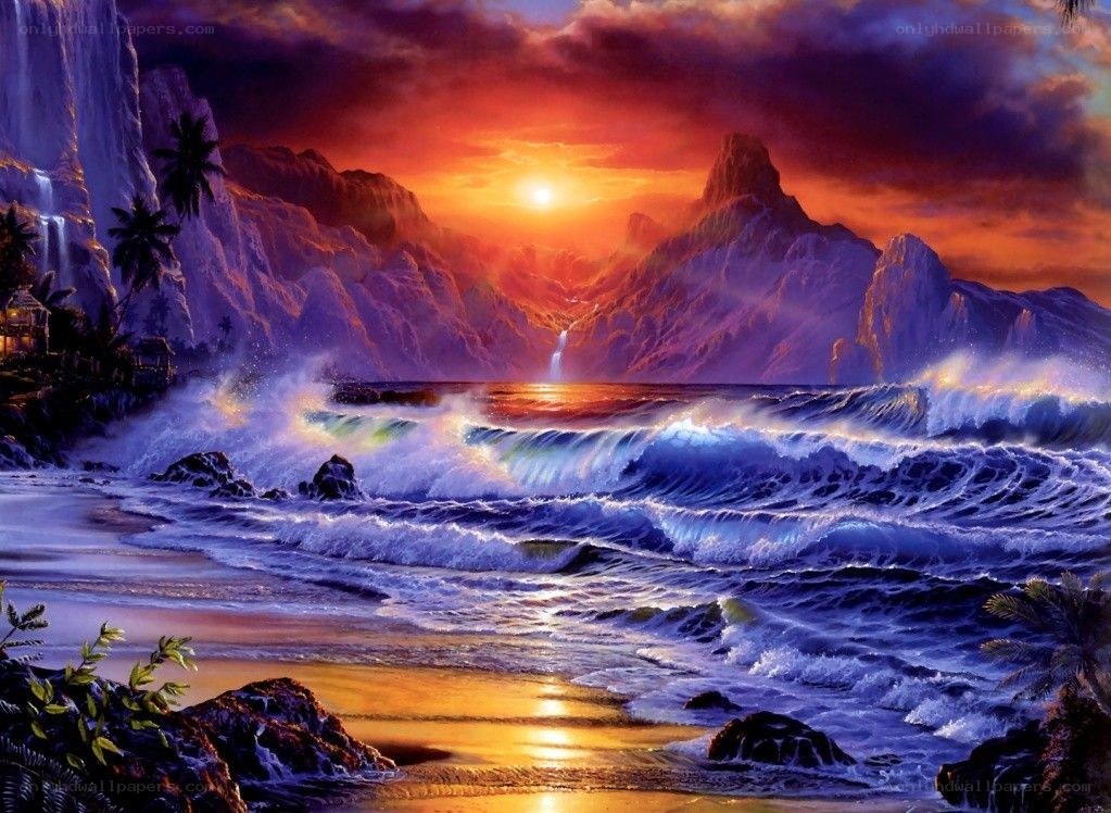 Sunset over tropical coastline