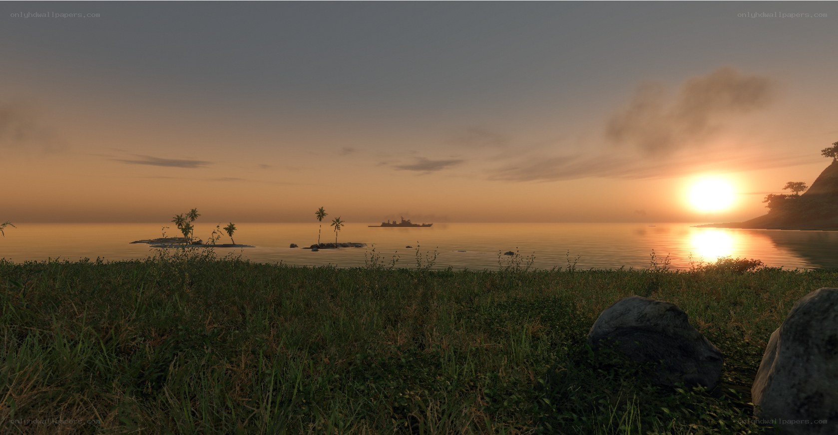 sunset over tropical island