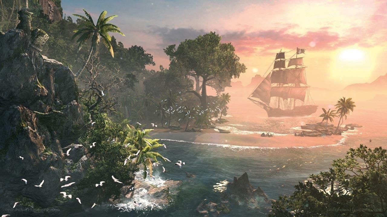 sunset over tropical island