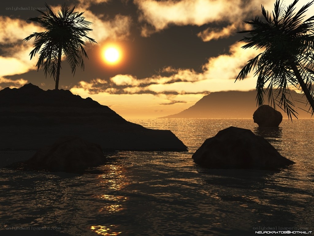 sunset over tropical island