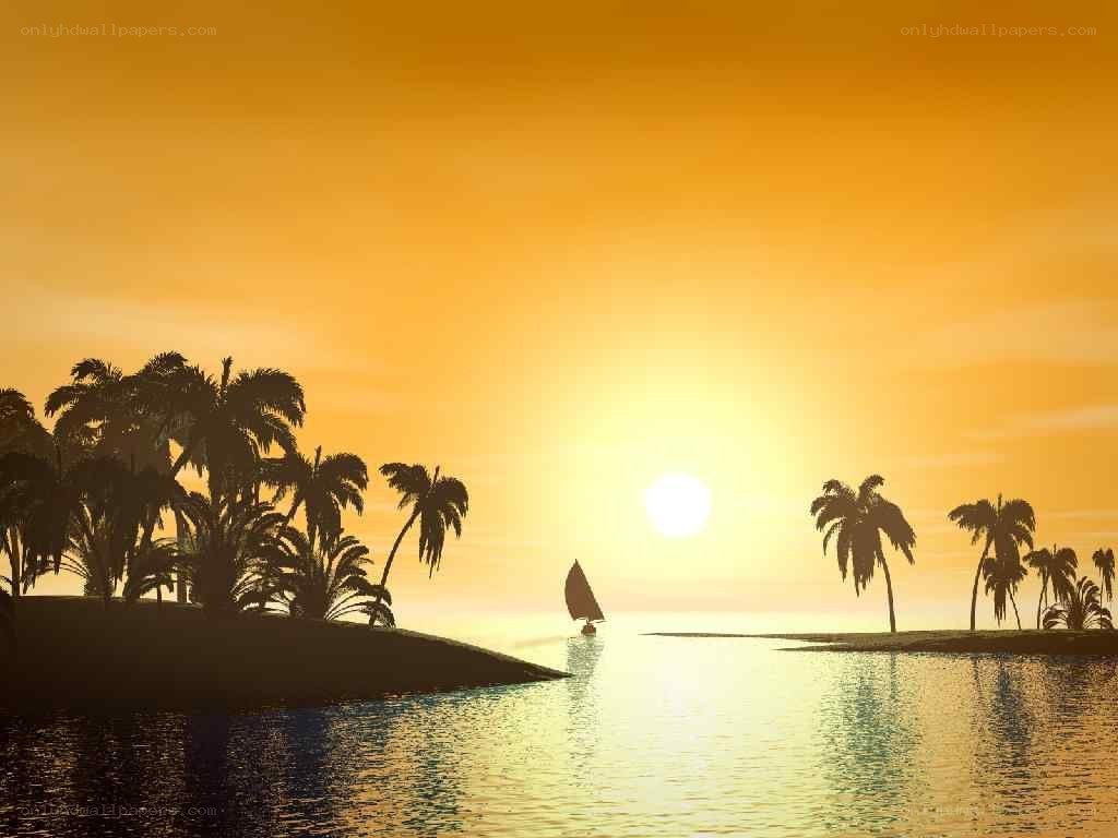 sunset over tropical island