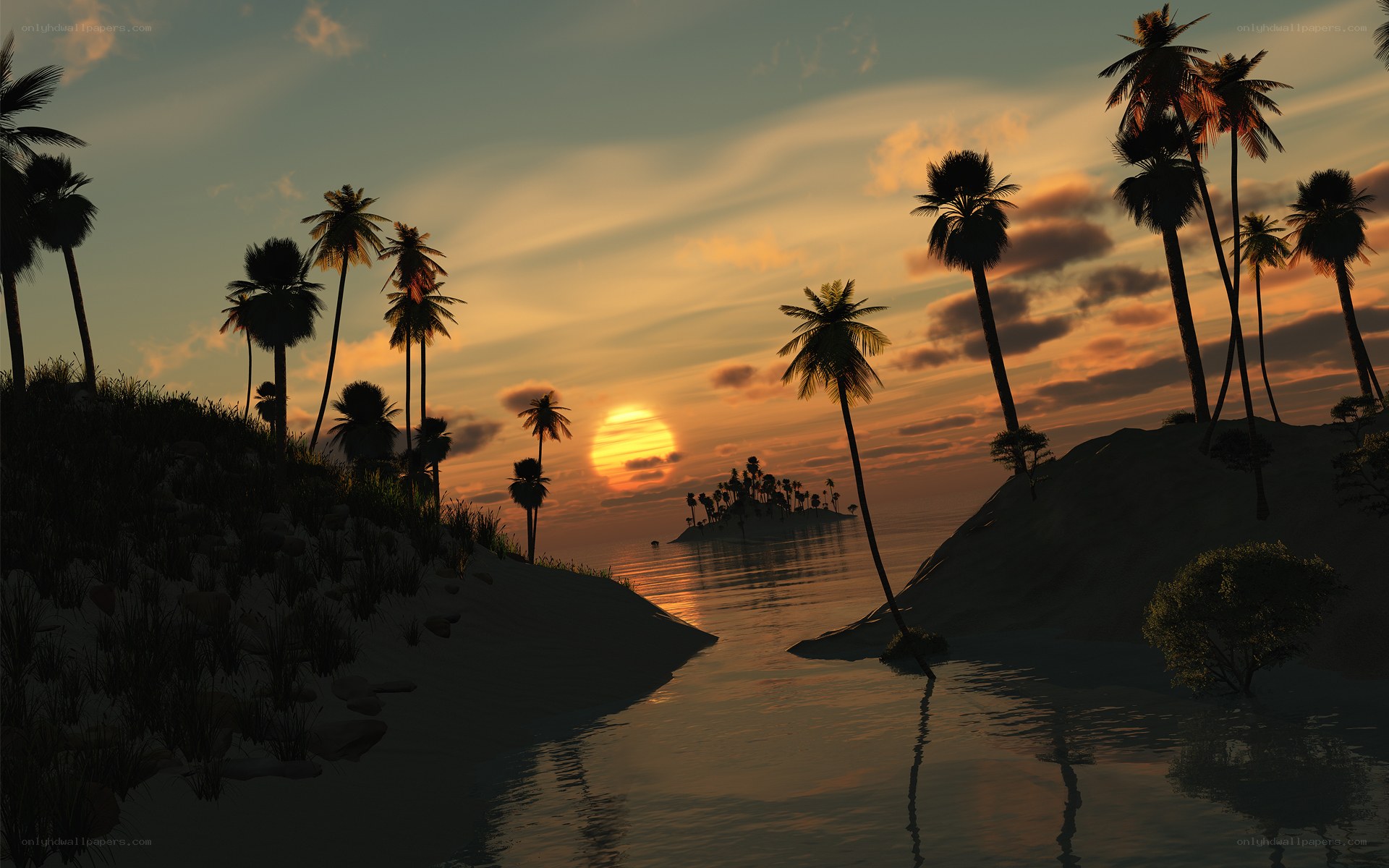 sunset over tropical island