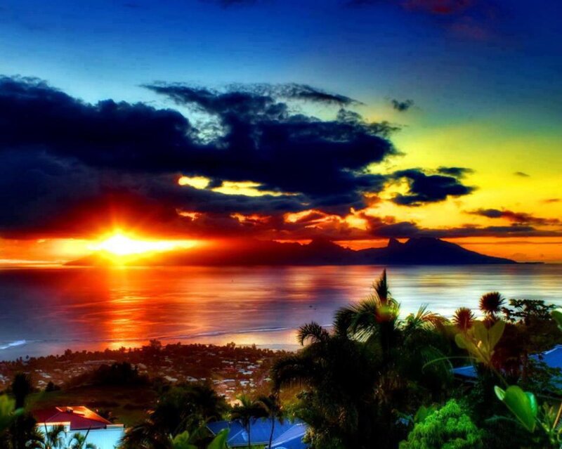 Sunset over Tropical Island — Blue, Dramatic, Photograph