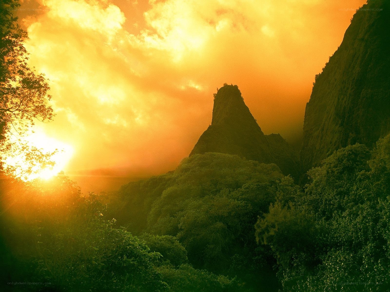 Sunset over tropical mountains