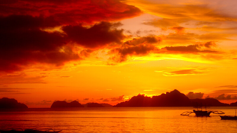 Sunset over Tropical Sea — Orange, Dramatic, Photograph, Boat