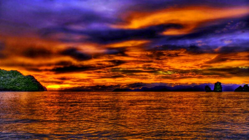Sunset over Tropical Sea — Orange, Dramatic, Photograph, Island, Clouds