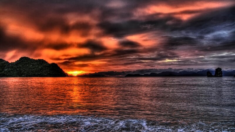Sunset over Tropical Sea — Orange, Dramatic, Photograph, Island